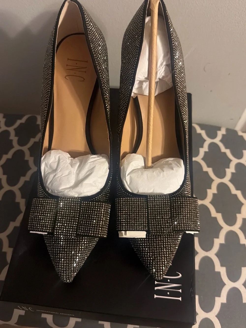 INC International Concepts Black Crystal Bow Pointed-Toe Pumps